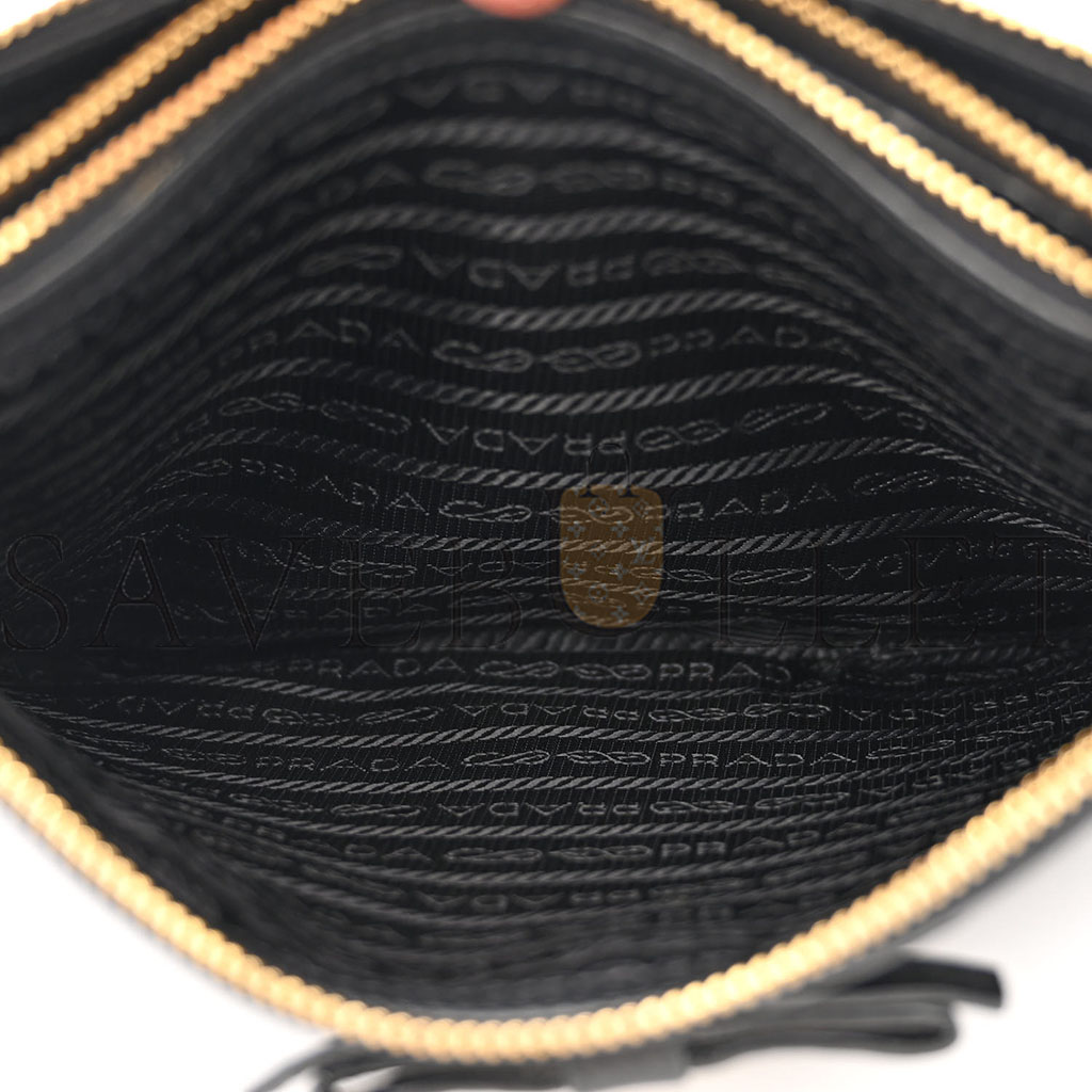 PRADA VITELLO DAINO DOUBLE ZIP CROSSBODY BAG BLACK (24*17*2cm)