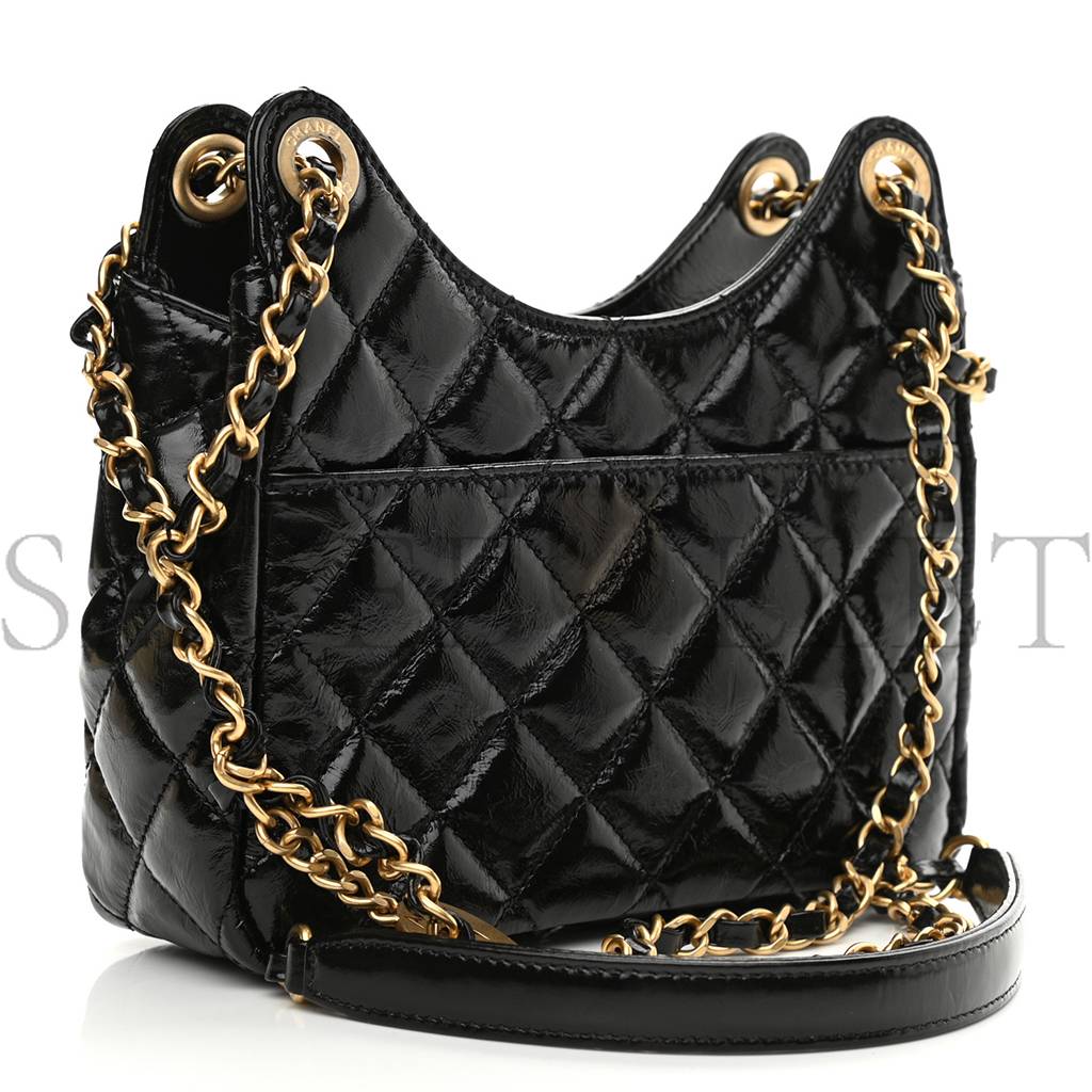 CHANEL SHINY CRUMPLED CALFSKIN QUILTED SMALL HOBO BLACK (18*15*6cm)