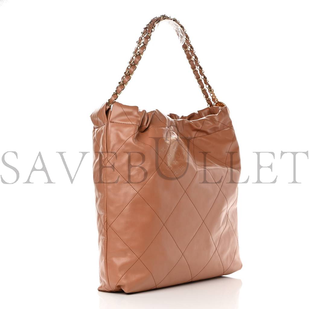 CHANEL SHINY CALFSKIN QUILTED CHANEL 22 CAMEL GOLD HARDWARE (37*35*7cm)