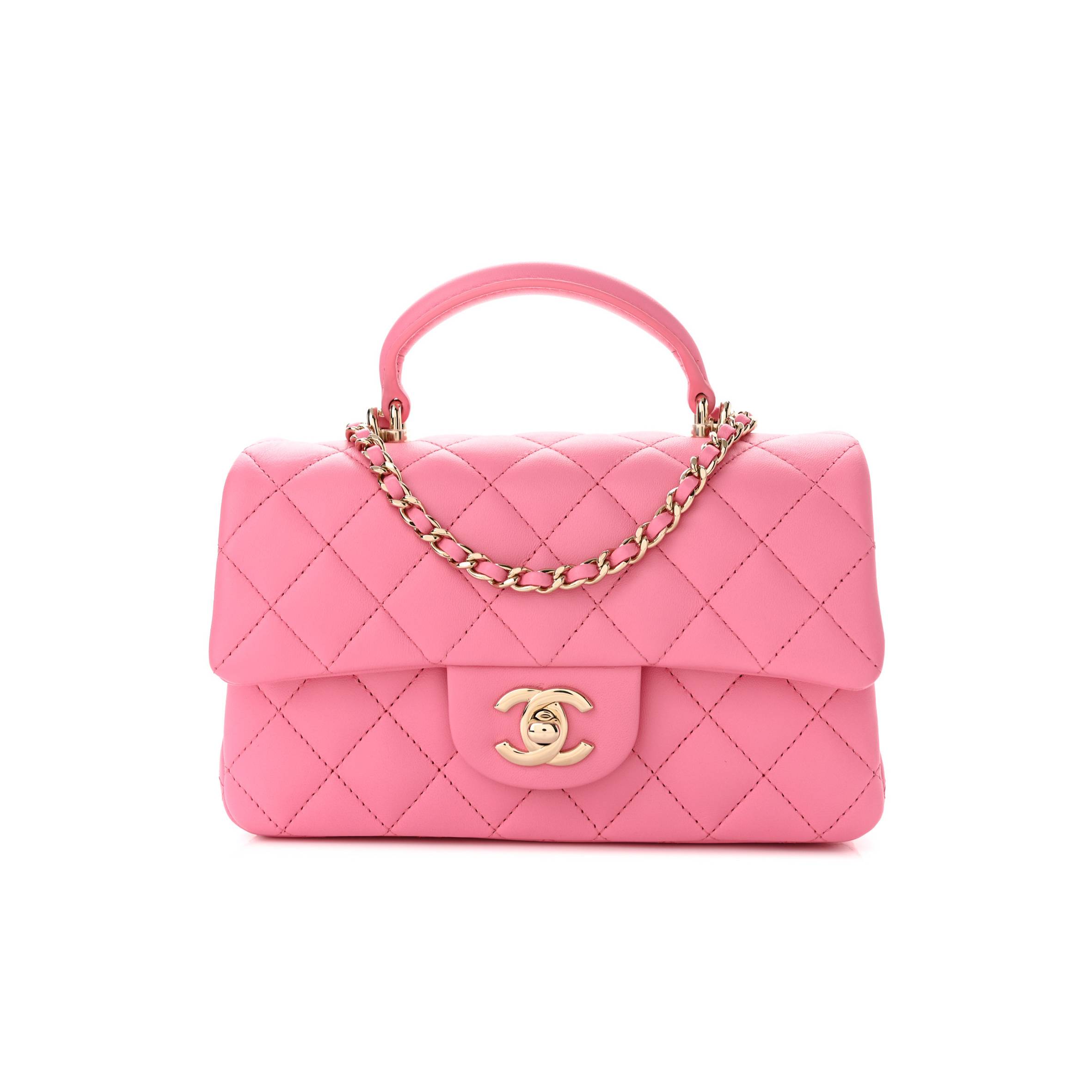 CHANEL LAMBSKIN QUILTED MINI TOP HANDLE RECTANGULAR FLAP PINK ROSE GOLD HARDWARE  (20*12*6cm)