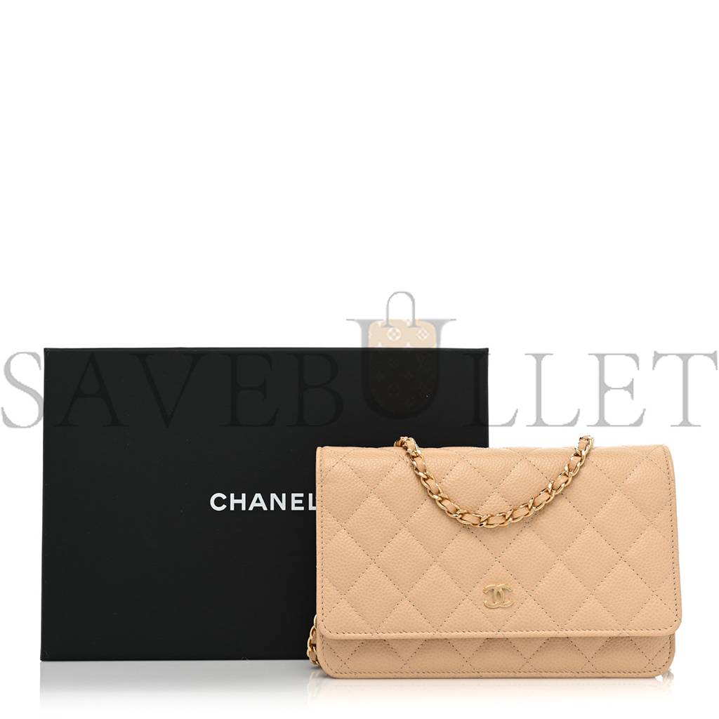 CHANEL CAVIAR QUILTED WALLET ON CHAIN WOC BEIGE ROSE GOLD HARDWARE (20*13*3cm)