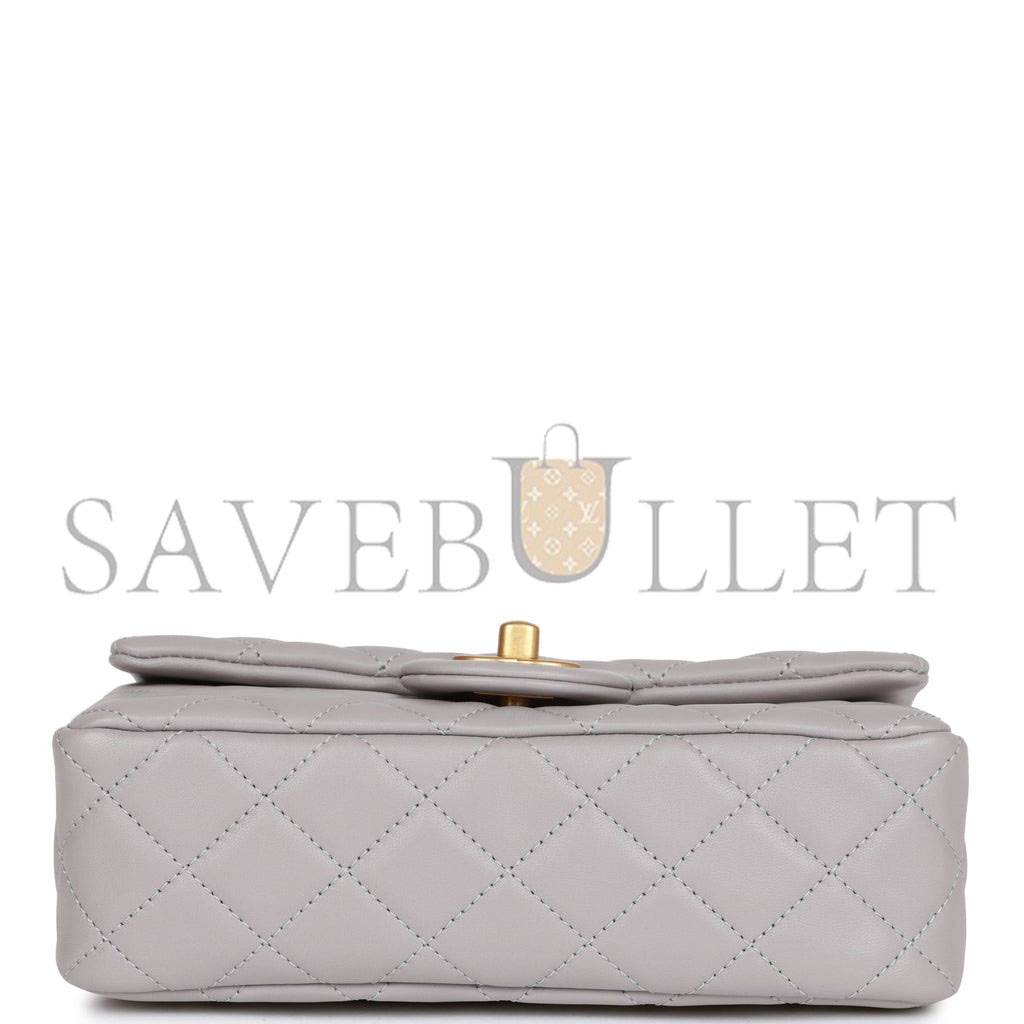 CHANEL PEARL CRUSH MINI RECTANGULAR FLAP BAG LIGHT GREY LAMBSKIN ANTIQUE GOLD HARDWARE (20*13*6cm)