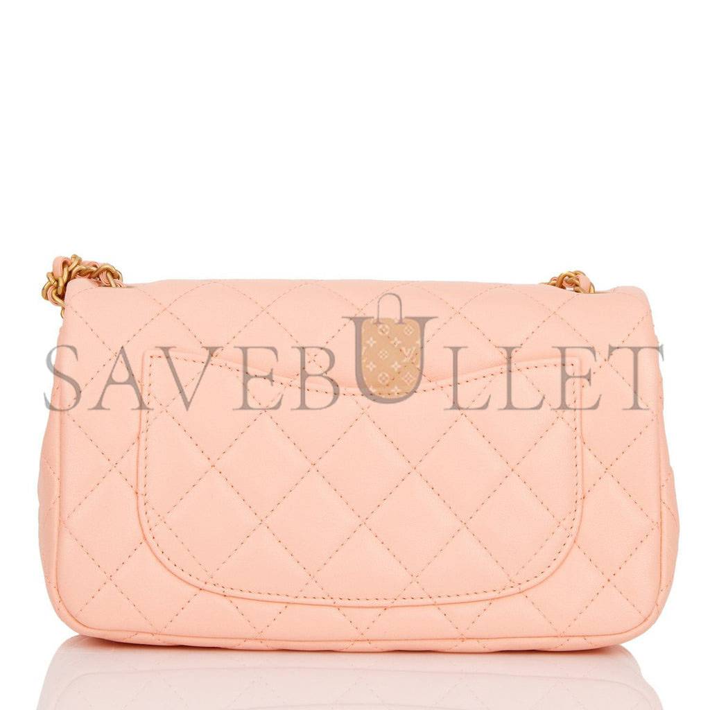 CHANEL PEARL CRUSH MINI RECTANGULAR FLAP BAG PEACH LAMBSKIN ANTIQUE GOLD HARDWARE (20*13*6cm)